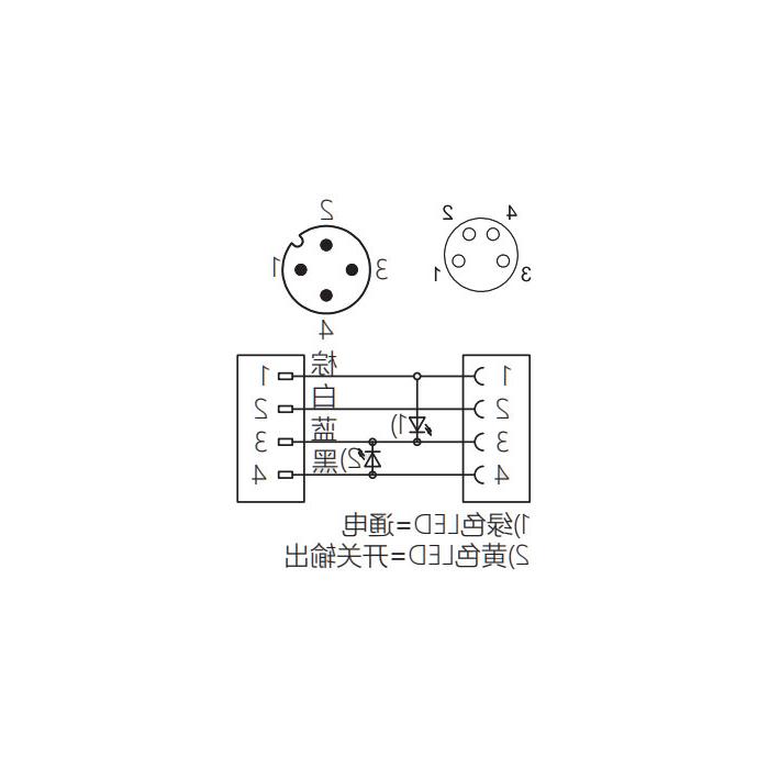 M8转M12 4Pin、M8母头90°带LED灯转M12公头直型、双端预铸PUR柔性电缆、黑色护套、63D301-XXX